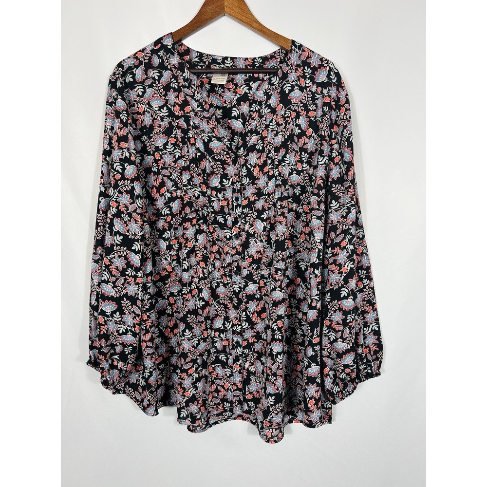 Terra & Sky Women's Floral Button Up Tunic Top Size 2X Boho Artsy V Neck Casual